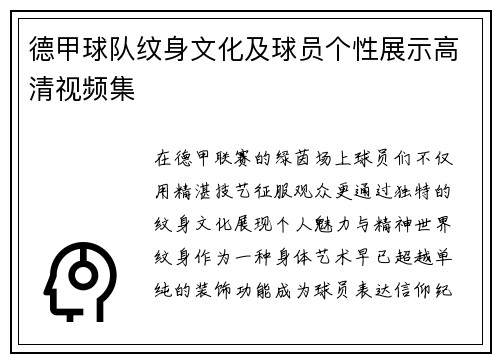 德甲球队纹身文化及球员个性展示高清视频集